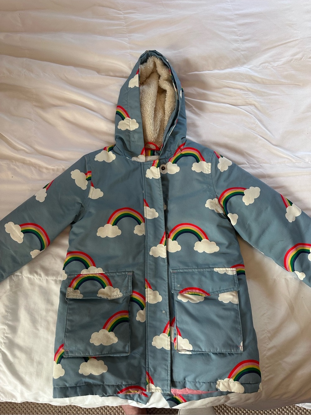 Boden Kids Hooded Parka in Blue with Rainbow Print (7/8)